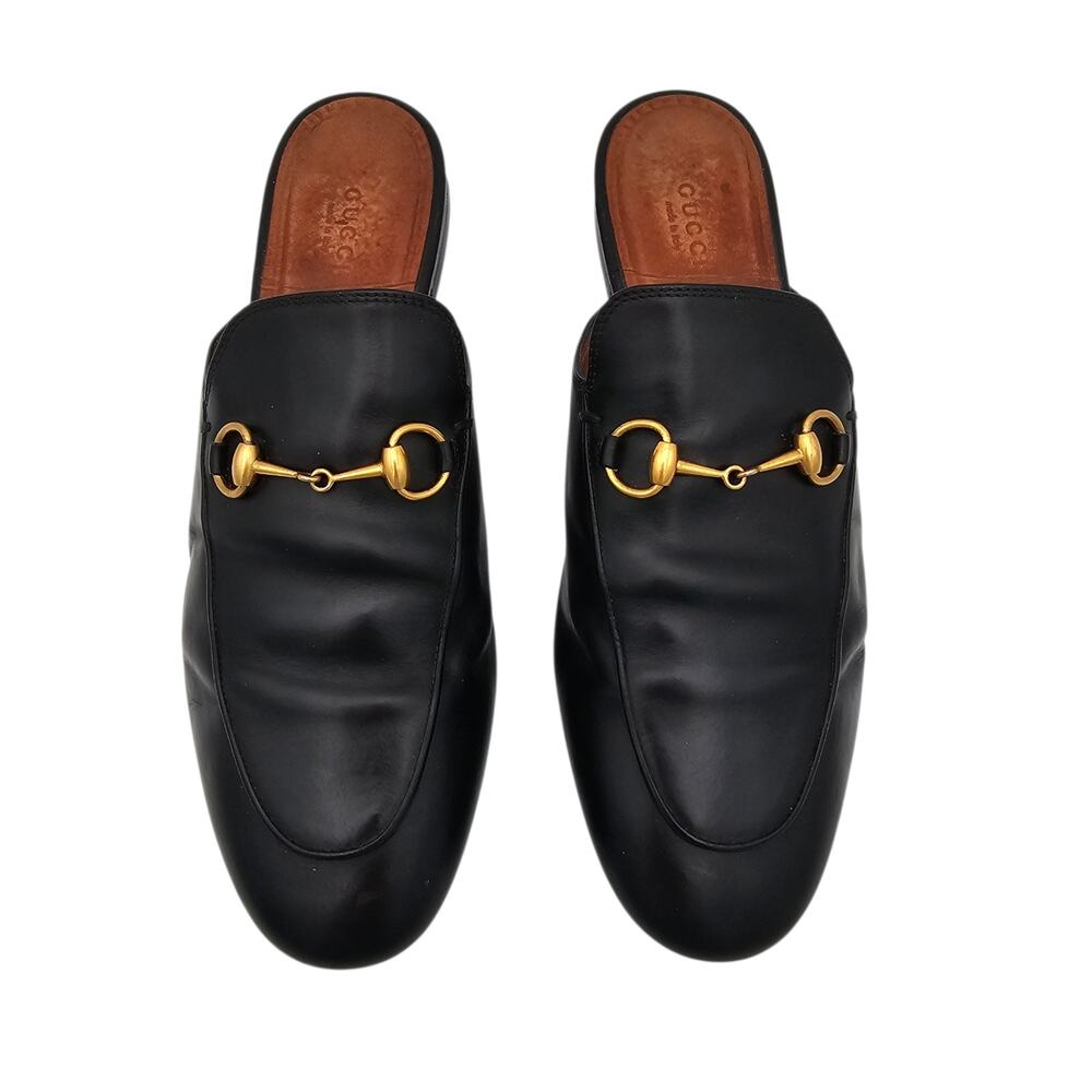 Gucci Princetown Horsebit Flat Slide Mule Black Leather Gold Size 39.5 US 9.5 - Picture 2 of 10